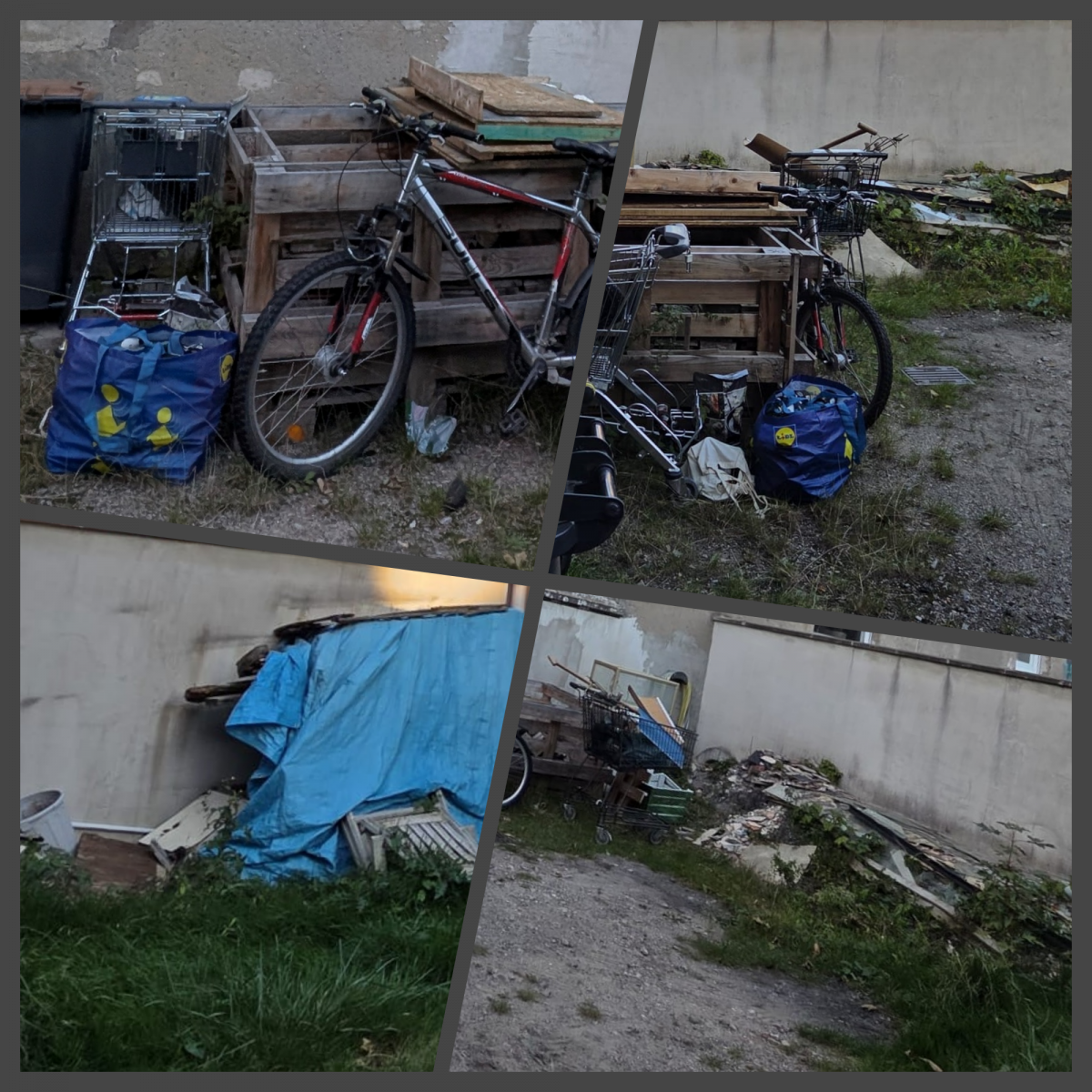Collage mit vier Fotos des stark vermüllten Innenhofs bei der Hausübernahme. Zu sehen sind unter anderem Fahrräder, Einkaufswagen, Altholz, eine blaue Plane und Bauschutt.