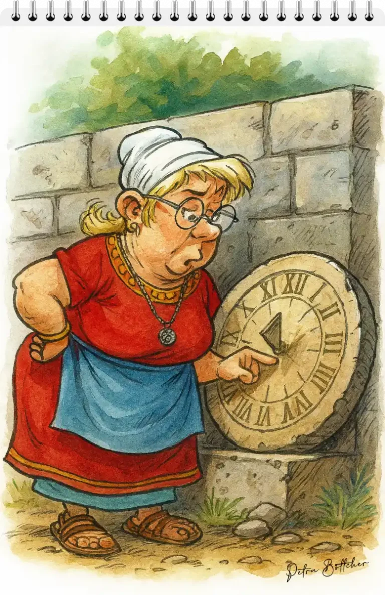 Karikaturartige Zeichnung einer Frau in gallischem Stil, die streng auf eine Sonnenuhr zeigt. Sie trägt ein rotes Kleid, Schürze, Kopftuch und Brille. Szene erinnert an gallische Comics aus der Antike und symbolisiert das Thema Zeit, Pünktlichkeit und vielleicht Geduld. Stil: humorvoll, gezeichnet.