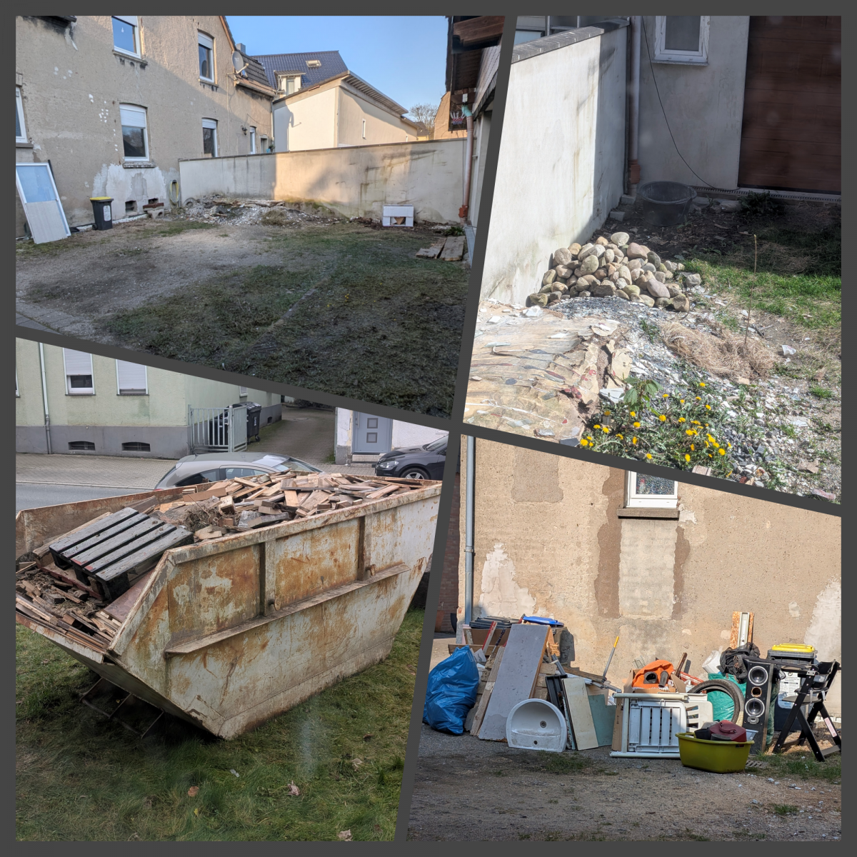 Collage mit vier Fotos vom Beginn der Aufräumarbeiten im Innenhof. Freigeräumte Flächen, ein gefüllter Container sowie sortierte Steine und Materialien zeigen die ersten Fortschritte.