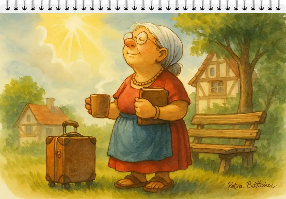Zufriedene Frau mit Kaffeetasse, Buch und Koffer blickt in die Sonne – Aufbruchsstimmung zwischen Landidylle und neuen Gedanken.