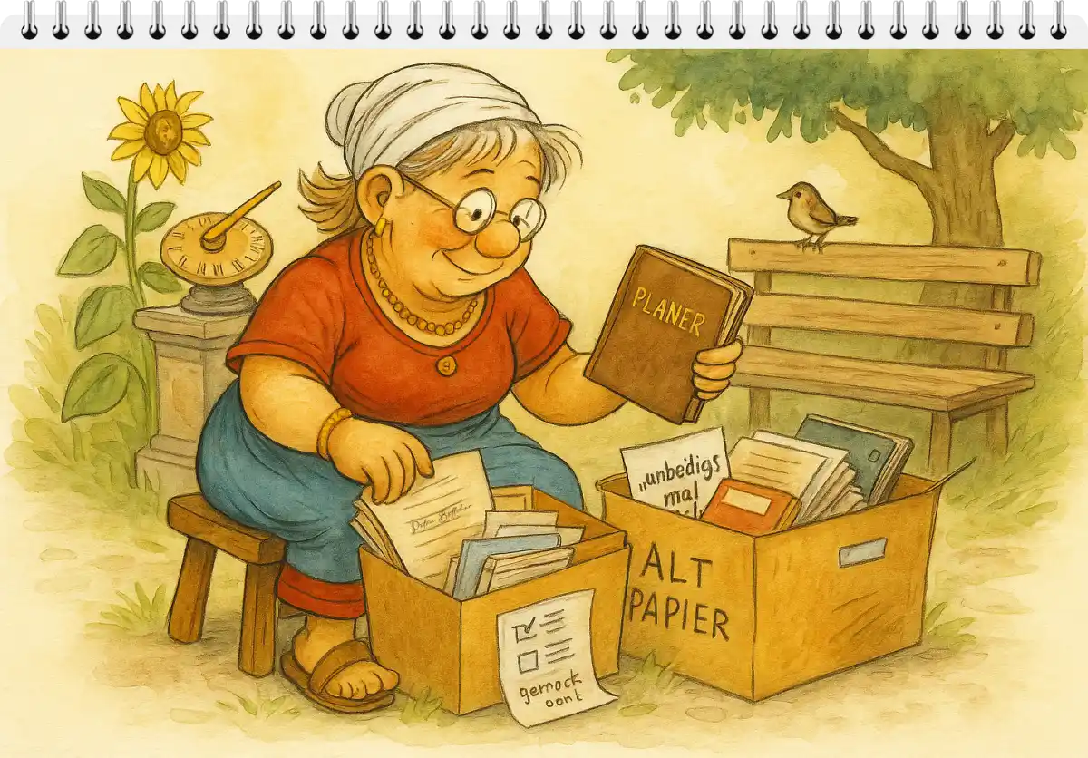 Frau sortiert Papier in zwei Kartons mit der Aufschrift „Altpapier“. In der Hand hält sie einen braunen Planer.