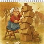 Eine ältere Frau mit weißem Haar, Brille und rotem Oberteil steht lächelnd auf einer Holzleiter. Sie stapelt Umzugskartons zu einem wackeligen Turm und stellt eine Tasse ganz oben ab. Im Hintergrund: Herbstbäume und ein Fachwerkhaus. Auf dem Boden liegen zerbrochene Scherben.