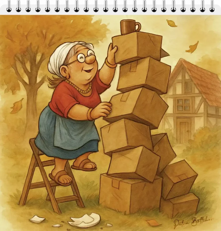 Eine ältere Frau mit weißem Haar, Brille und rotem Oberteil steht lächelnd auf einer Holzleiter. Sie stapelt Umzugskartons zu einem wackeligen Turm und stellt eine Tasse ganz oben ab. Im Hintergrund: Herbstbäume und ein Fachwerkhaus. Auf dem Boden liegen zerbrochene Scherben.