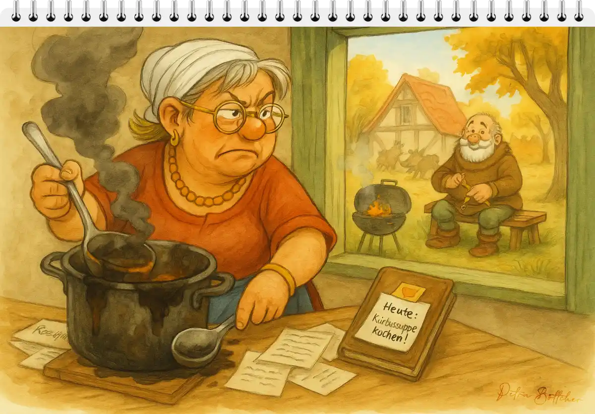 Aquarellillustration: Petronella steht mit Suppenkelle in einer chaotischen Küche, draußen grillt Galli-Fix Mais, Wildschweine im Hintergrund