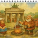 Petronella sitzt nachdenklich vor einem Lagerfeuer mit Spießbraten, während Galli-Fix lächelt. Im Hintergrund Gallier und Römer – getrennt vorm Brandenburger Tor.