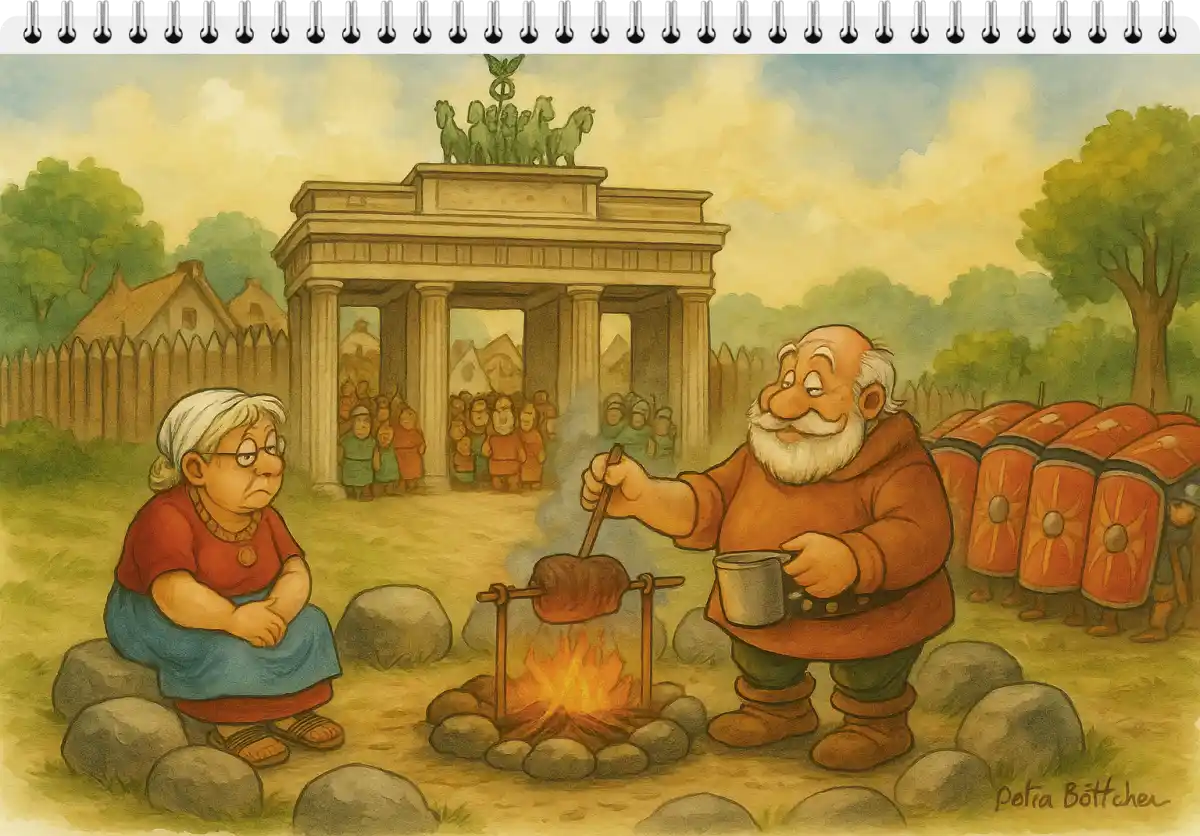 Petronella sitzt nachdenklich vor einem Lagerfeuer mit Spießbraten, während Galli-Fix lächelt. Im Hintergrund Gallier und Römer – getrennt vorm Brandenburger Tor.