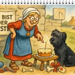 Aquarellillustration: Petronella zeigt auf einen Kuchen mit Wunderkerze, neben ihr ein Briard, im Hintergrund das gallische Dorf, Sonnenuhr und Wildschweine.