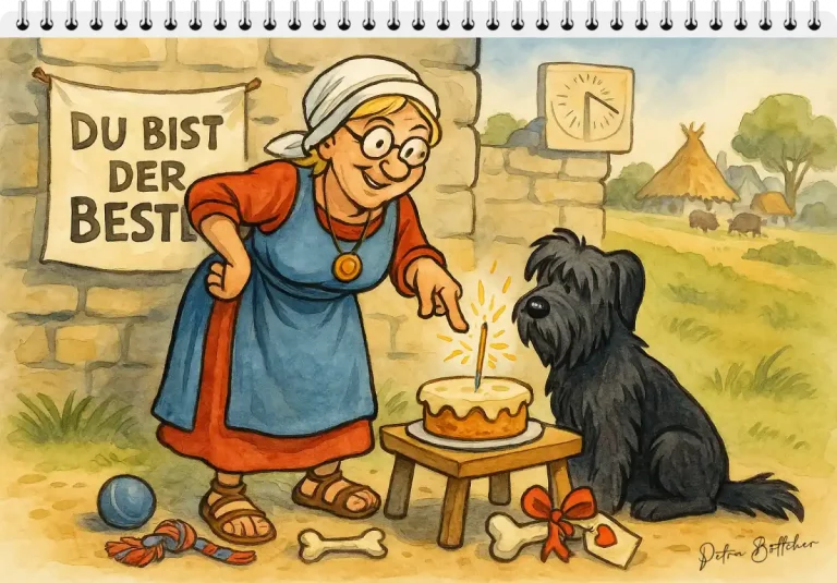 Aquarellillustration: Petronella zeigt auf einen Kuchen mit Wunderkerze, neben ihr ein Briard, im Hintergrund das gallische Dorf, Sonnenuhr und Wildschweine.