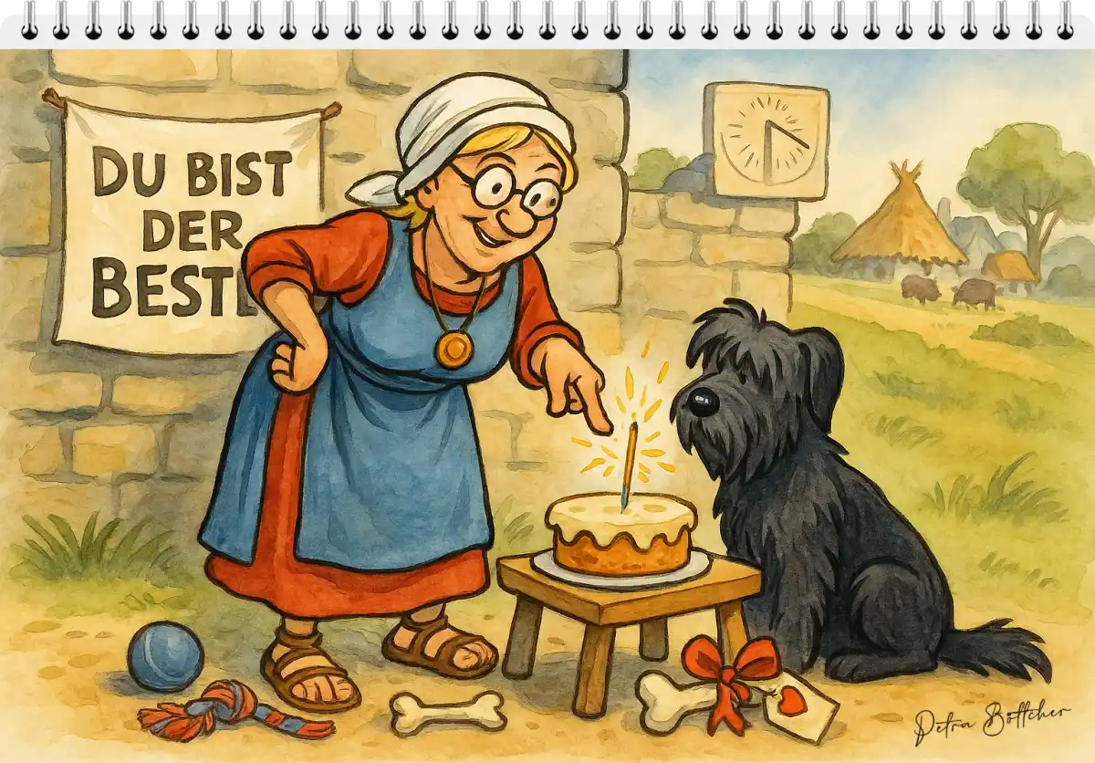 Illustration: Petronella mit Geburtstagskuchen für ihren schwarzen Briard Hagrid, der aufmerksam vor ihr sitzt. Über ihnen hängt ein Banner: „Du bist der Beste!“ – Auf dem Tisch eine Torte mit Wunderkerze, rundherum verstreut Knochen und Spielzeug.