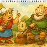 Petronella und Galli-Fix streiten auf einer Bank im herbstlichen Garten über eine Sonnenuhr – Planer, Gallierhelm und Kaffee inklusive.