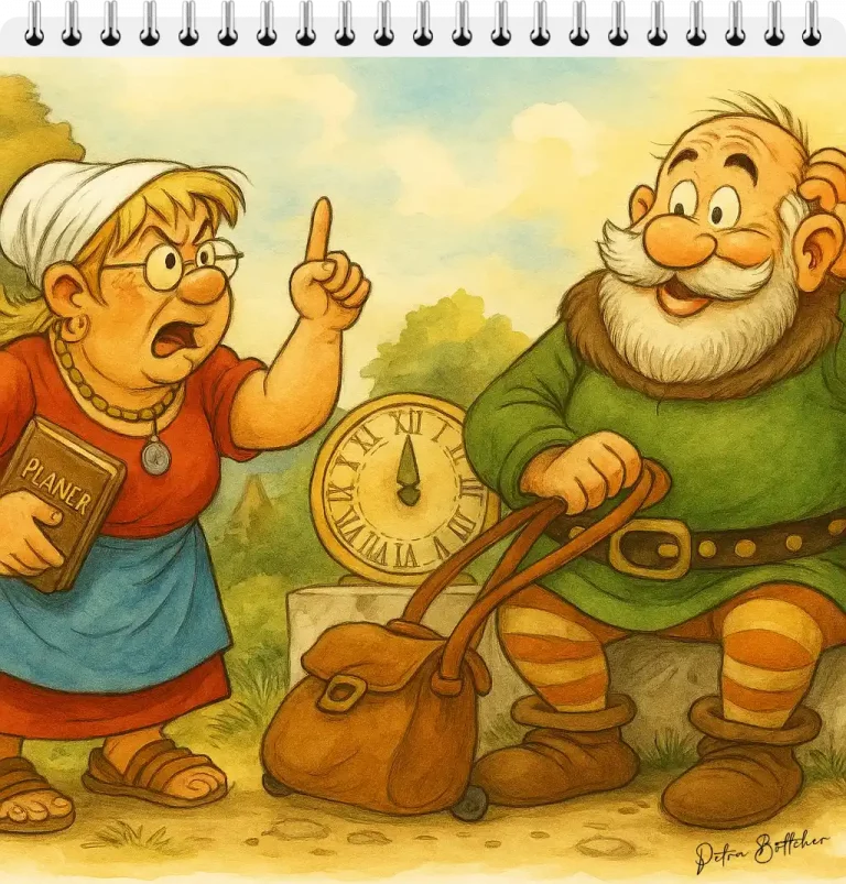 Petronella und Galli-Fix streiten auf einer Bank im herbstlichen Garten über eine Sonnenuhr – Planer, Gallierhelm und Kaffee inklusive.