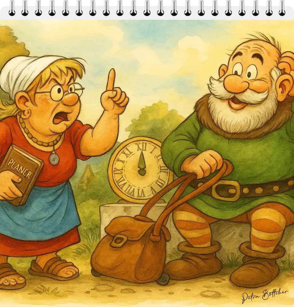 Petronella und Galli-Fix streiten auf einer Bank im herbstlichen Garten über eine Sonnenuhr – Planer, Gallierhelm und Kaffee inklusive.