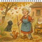 Petronella steht mit Harke und Spaten unter einem Apfelbaum im herbstlichen Garten. Ein Eichhörnchen gräbt, Hagrid sitzt daneben, Galli-Fix trinkt Tee. Auf dem Baum hängt ein Schild: Oktober.