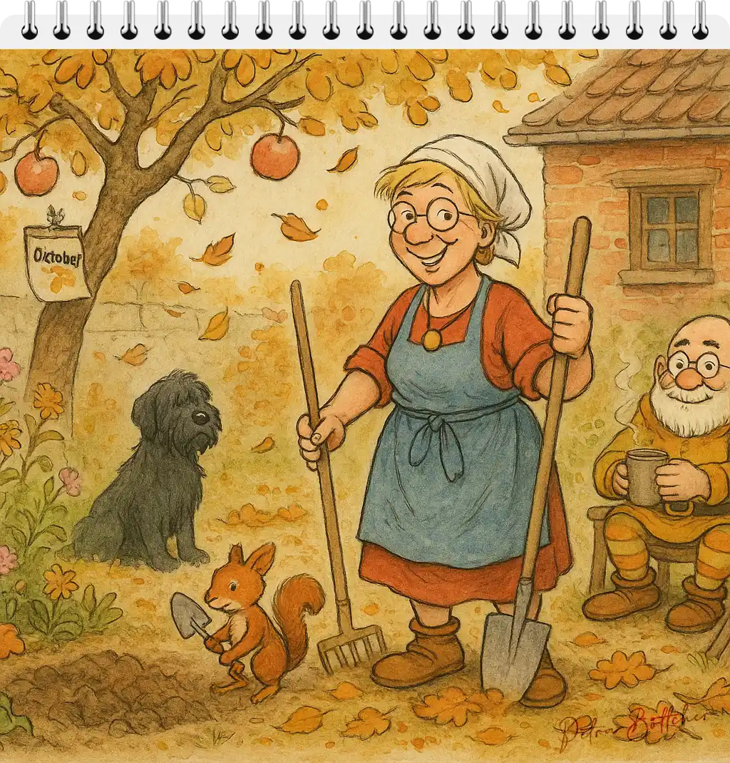 Petronella steht mit Harke und Spaten unter einem Apfelbaum im herbstlichen Garten. Ein Eichhörnchen gräbt, Hagrid sitzt daneben, Galli-Fix trinkt Tee. Auf dem Baum hängt ein Schild: Oktober.