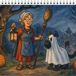 Humorvolle Illustration einer Frau im Mittelalter-Kostüm mit Brille, Haube, Besen und Laterne. Neben ihr steht ein schwarzer Hund, verkleidet als Gespenst mit einem weißen Laken über dem Kopf. Beide stehen auf einem herbstlichen Weg, flankiert von geschnitzten Kürbissen. Im Hintergrund ein Dorf, eine Burg, ein laufender Mann – und ein Baum mit lachendem Gesicht.