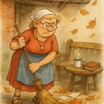 Petronella kehrt verärgert Herbstlaub und Notizzettel vor ihrer Werkstatt; daneben Bank mit Kaffee und Buch.