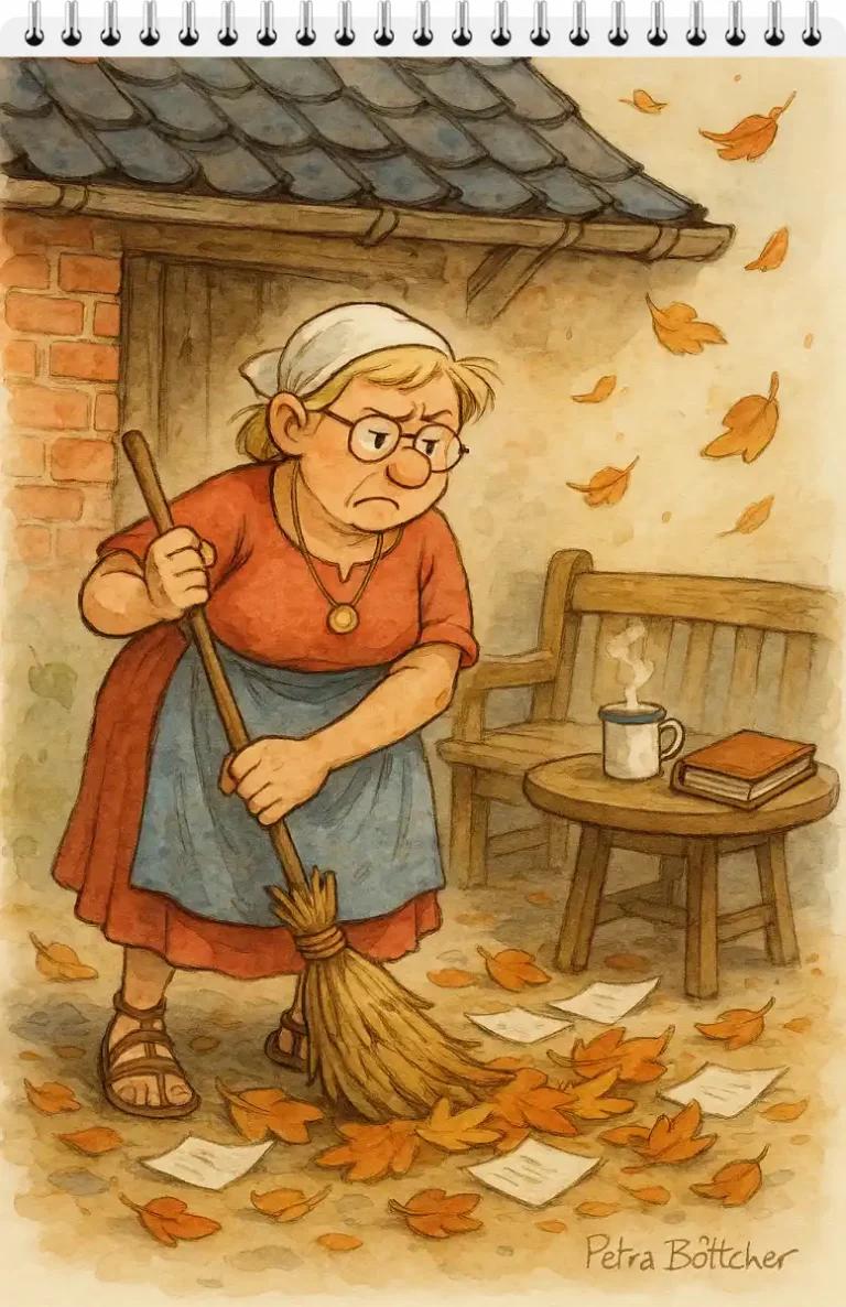 Petronella kehrt verärgert Herbstlaub und Notizzettel vor ihrer Werkstatt; daneben Bank mit Kaffee und Buch.