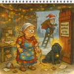 Petronella steht in einer Scheune, umwickelt von blinkender Lichterkette. Galli-Fix balanciert einen Weihnachtsschlitten auf dem Dach. Hagrid sitzt stolz in der Tür des beleuchteten Haus. Kisten mit Deko und ein leicht chaotisches Adventsszenario runden das Bild ab.