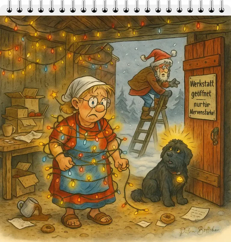 Petronella steht in einer Scheune, umwickelt von blinkender Lichterkette. Galli-Fix balanciert einen Weihnachtsschlitten auf dem Dach. Hagrid sitzt stolz in der Tür des beleuchteten Haus. Kisten mit Deko und ein leicht chaotisches Adventsszenario runden das Bild ab.