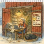 Petronella arbeitet an ihrem Schreibtisch in einer alten roten Scheune. Draußen liegt Schnee, innen leuchtet die Glühbirne, Kalenderseiten für 2026 liegen im Drucker. Hagrid schläft entspannt im Hundebett.
