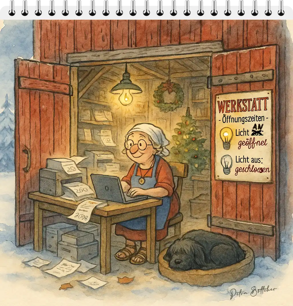 Petronella arbeitet an ihrem Schreibtisch in einer alten roten Scheune. Draußen liegt Schnee, innen leuchtet die Glühbirne, Kalenderseiten für 2026 liegen im Drucker. Hagrid schläft entspannt im Hundebett.