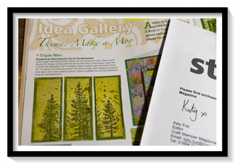 Beitrag in der Zeitschrift Craft Stamper: grüne Dreifach-Stempelkarten („Triple Moo“) mit Naturmotiv – gestaltet von Petra Böttcher für De Stempelwinkel.