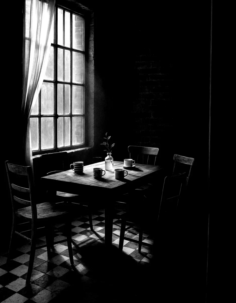 Schwarzweiß: ein alter Holztisch mit vier unterschiedlichen Holzstühlen im Seitenlicht. Ein hohes Sprossenfenster mit wehender Gardine wirft helle Rechtecke aufs Schachbrett-Bodenmuster; auf dem Tisch stehen Tassen und eine Glasvase mit Zweig.