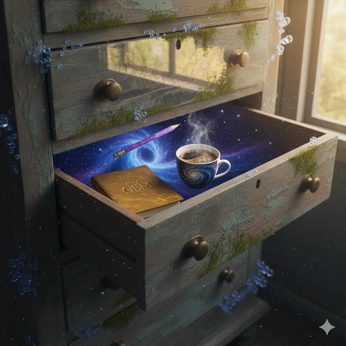 Surreales, fotorealistisches Motiv eines offenen Schubladenschranks mit Notizbuch, Tasse Kaffee und Bleistift – KI-generiertes Bild von Gemini für den Beitrag „Wenn Schubladen denken lernen“.
