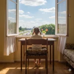 Rückansicht eines blonden Mädchens mit Zöpfen, das im Sommer auf zwei Kissen an einem Fenster sitzt, in den Himmel blickt; draußen sind Autobahn, Bäume und der Turm des Bergbaumuseums Bochum zu sehen.