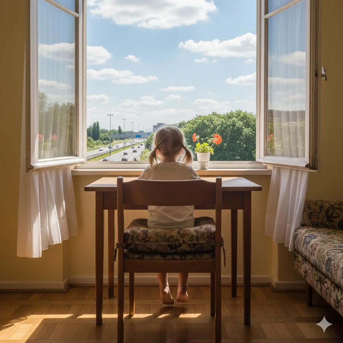 Rückansicht eines blonden Mädchens mit Zöpfen, das im Sommer auf zwei Kissen an einem Fenster sitzt, in den Himmel blickt; draußen sind Autobahn, Bäume und der Turm des Bergbaumuseums Bochum zu sehen.