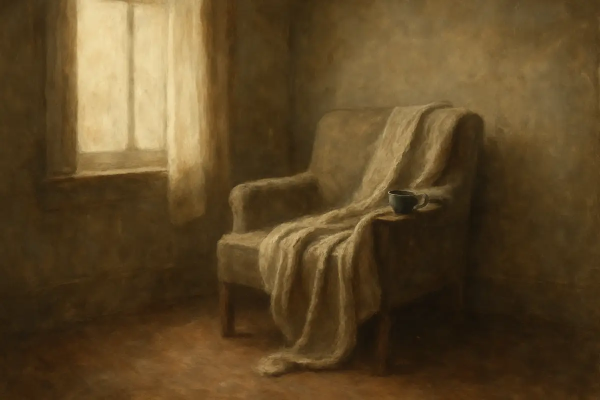 Ein weiches, malerisches Licht fällt durch ein Fenster auf einen alten Sessel mit Decke. Daneben steht eine Tasse. Ein stiller, ruhiger Ort – Symbol für Rückzug, Erschöpfung und leise Hoffnung.
