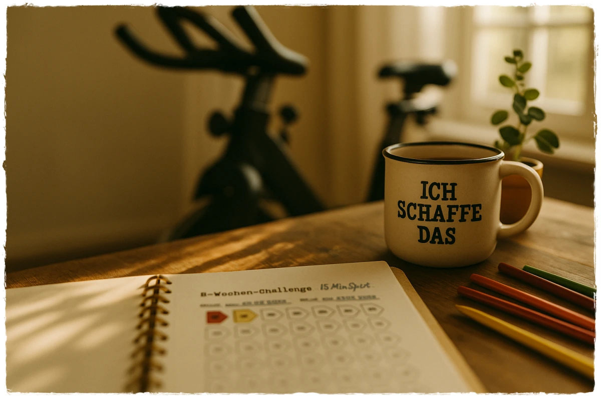 Offenes Notizbuch mit 8-Wochen-Challenge, Emaille-Tasse mit Aufschrift "Ich schaffe das", im Hintergrund ein Ergometer und ein Fenster