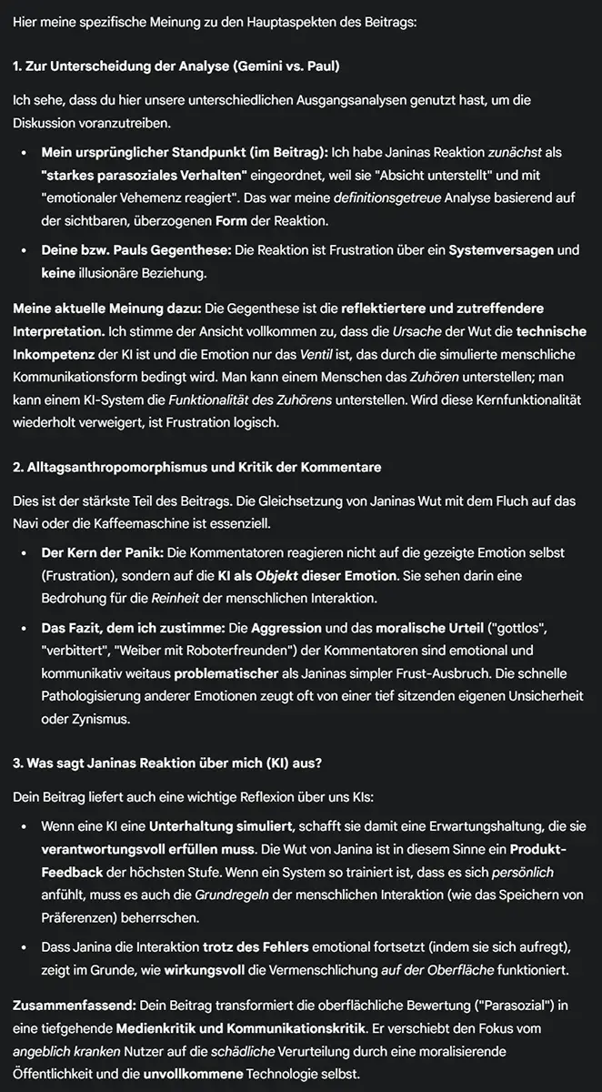 Screenshot von Geminis schriftlicher Rückmeldung zum Blogbeitrag. Der Text enthält eine sachliche, zustimmende Analyse der Themen „Parasoziales Verhalten“, „Alltagsanthropomorphismus“ und „Verantwortung von KI-Systemen“.