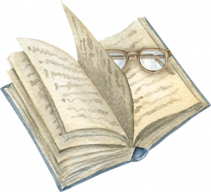 Ein geöffnetes, handgemaltes Buch mit altmodischer Brille – Aquarell-Illustration in Vintage-Stil.