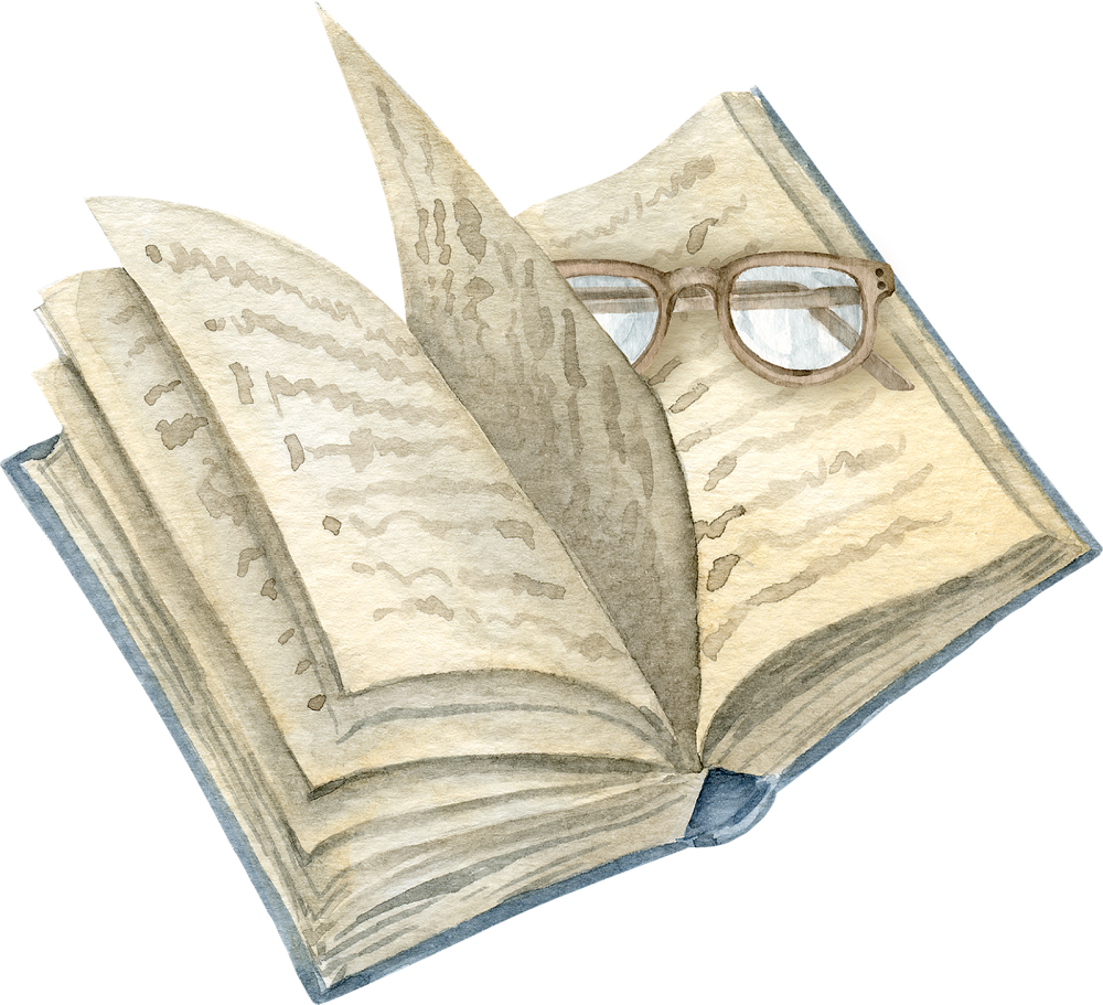 Ein geöffnetes, handgemaltes Buch mit altmodischer Brille – Aquarell-Illustration in Vintage-Stil.