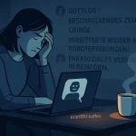 Frau sitzt frustriert vor Laptop, im Hintergrund sind Kommentare wie „gottlos“, „cringe“ und „parasozial“ zu sehen. Auf dem Tisch steht eine dampfende Kaffeetasse.