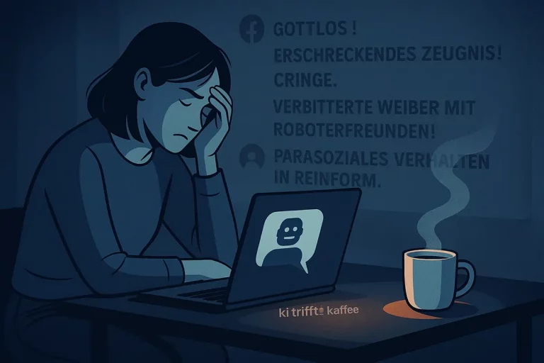 Frau sitzt frustriert vor Laptop, im Hintergrund sind Kommentare wie „gottlos“, „cringe“ und „parasozial“ zu sehen. Auf dem Tisch steht eine dampfende Kaffeetasse.