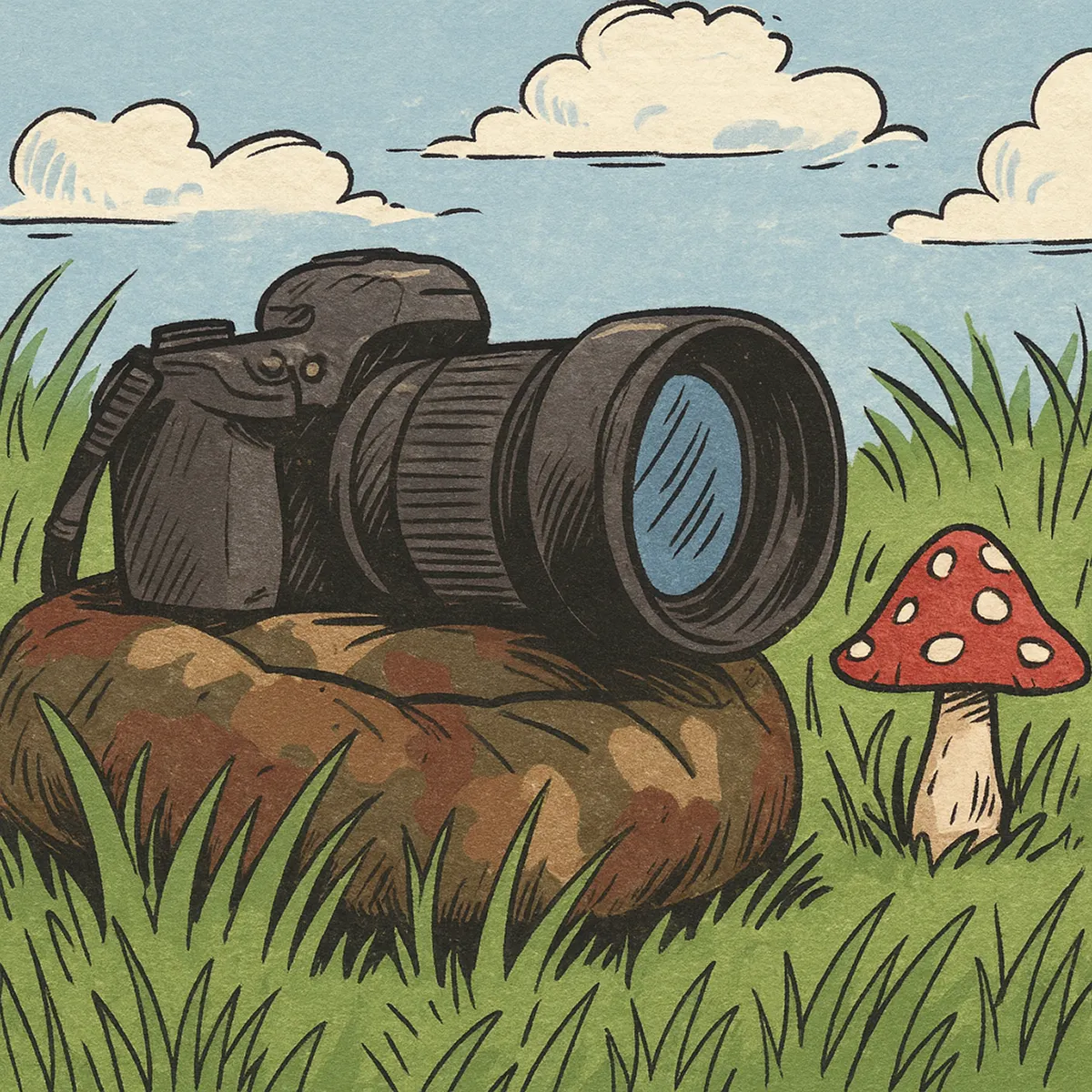 Comiczeichnung einer grünen Wiese. Im Vordergrund liegt ein gepunkteter Beanbag mit einer Kamera darauf, die auf einen roten Fliegenpilz mit weißen Punkten gerichtet ist.