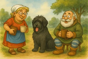 Aquarellillustration im Kinderbuchstil: Links steht Petronella, eine kleine Frau mit Brille, weißer Haube, rotem Kleid und blauer Schürze, sie hält eine Tasse. In der Mitte sitzt Hagrid, ein großer schwarzer Briard mit zotteligem Fell und herausgestreckter Zunge. Rechts sitzt Gallifix, ein bärtiger Mann mit Brille, grünem Mantel und gestreiften Hosen, er hält lachend einen Krug. Im Hintergrund Bäume, Wiese und blauer Himmel.
