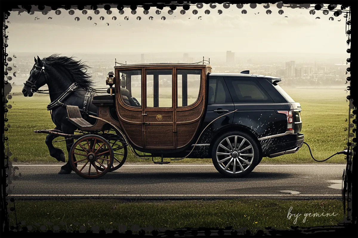 Ein surreal montiertes Bild zeigt eine Mischung aus moderner Autokarosserie und historischer Pferdekutsche: Vorne zieht ein schwarzes Pferd eine klassische Holz-Kutsche, die nahtlos in die Rückhälfte eines modernen schwarzen SUV übergeht. Das Gespann fährt auf einer Landstraße mit Blick auf eine entfernte Stadt im Hintergrund. Der Bildrand ist schwarz-künstlerisch eingefasst, unten rechts steht in Handschrift „by gemini“