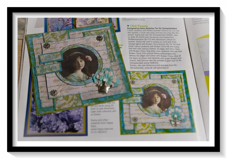 Vintage-Karte mit Porträt eines Mädchens, gestaltet von Petra Böttcher, veröffentlicht im Craft Stamper Magazin, Mai 2010. Collage mit Blumen, Ornamenten und nostalgischem Charme.
