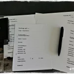 Nahaufnahme einer ausgedruckten Vorlage ‚Vertrag mit …‘ im DIN-A5-Format. Die Seite liegt auf einem Tisch, daneben ein Kugelschreiber. Das Formular zeigt leere Felder zum handschriftlichen Ausfüllen.