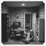 Puppenstube im Stil der 1970er: Ein Mädchen mit Zöpfen sitzt auf dem Teppich und hält eine Stoffpuppe. Im Raum stehen ein Fernseher, ein Bücherregal und ein Esstisch mit vier Stühlen. Durch die offene Tür sieht man eine Türrahmenschaukel. Die Tapete ist gemustert im Retro-Stil.