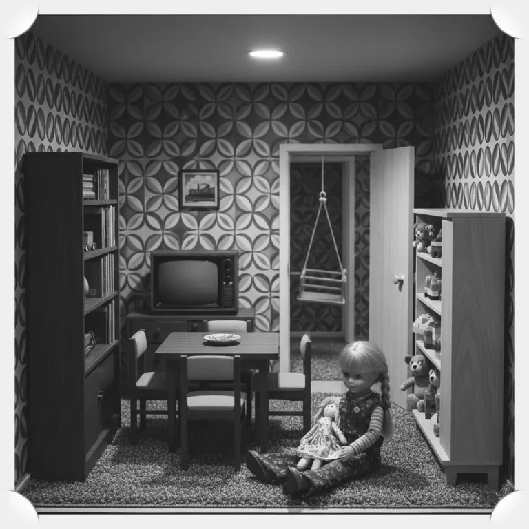 Puppenstube im Stil der 1970er: Ein Mädchen mit Zöpfen sitzt auf dem Teppich und hält eine Stoffpuppe. Im Raum stehen ein Fernseher, ein Bücherregal und ein Esstisch mit vier Stühlen. Durch die offene Tür sieht man eine Türrahmenschaukel. Die Tapete ist gemustert im Retro-Stil.