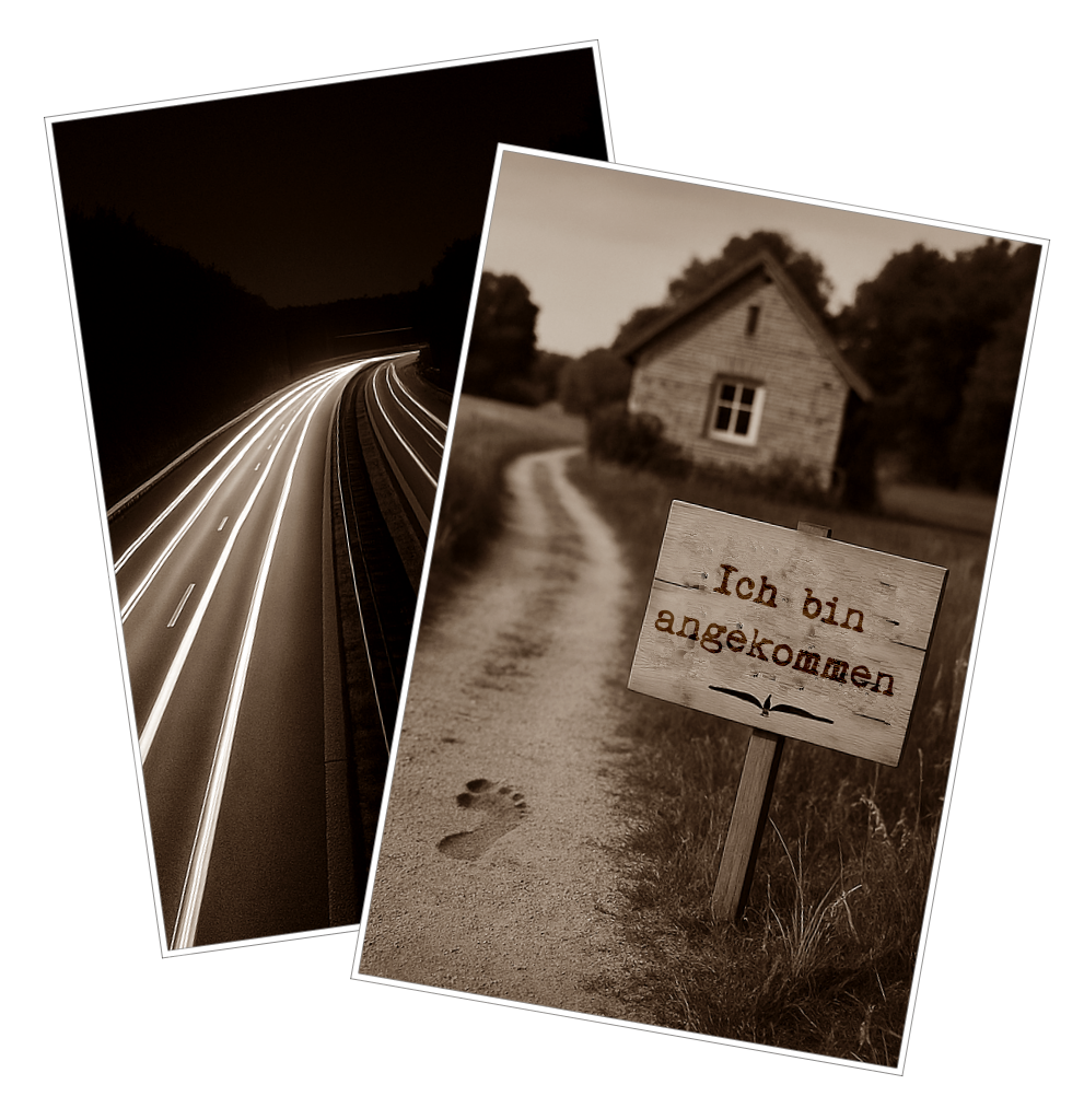Gegenüberstellung einer nächtlichen Autobahn mit Lichtspuren und einem ruhigen Feldweg mit Fußabdruck, der zu einem Ziegelhaus führt. Am Wegesrand steht ein Holzschild mit der Aufschrift „Ich bin angekommen“ – sinnbildlich für den Wechsel von digitaler Schnelllebigkeit hin zu einem selbstbestimmten, bleibenden Ort: der Schnittstelle.