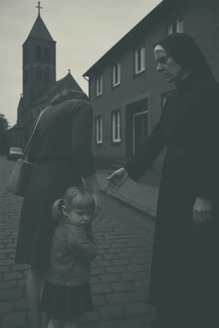 Straßenszene in Bochum-Riemke: Kind mit Mutter und Nonne vor Kirche, nachgestellte Erinnerung aus den 1970er Jahren.
