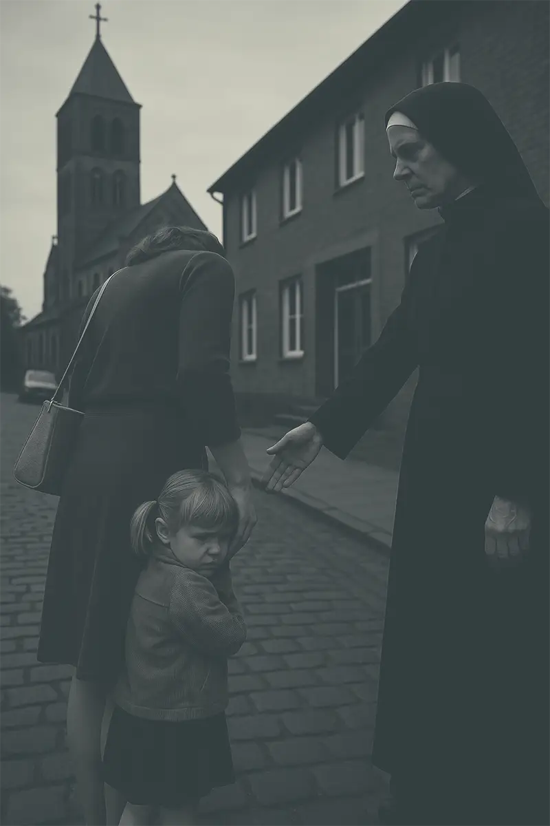 Straßenszene in Bochum-Riemke: Kind mit Mutter und Nonne vor Kirche, nachgestellte Erinnerung aus den 1970er Jahren.