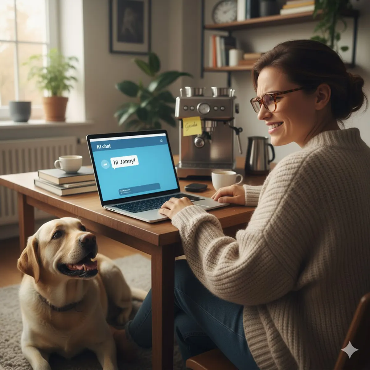 Frau sitzt an einem Laptop und liest die Nachricht „Hi Janny!“ in einem KI-Chat. Sie verzieht genervt das Gesicht, während ein Hund unter dem Tisch sitzt.