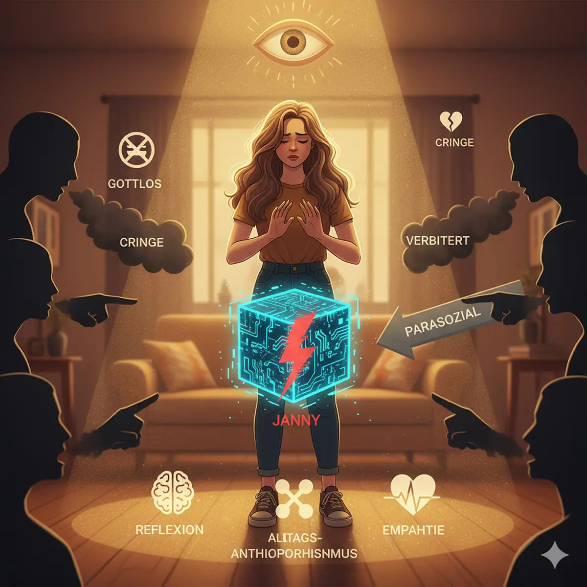 Frau steht in einem Lichtkegel, umgeben von Vorwürfen wie „gottlos“, „cringe“ und „parasozial“. In der Mitte leuchtet ein digitaler Würfel mit dem Namen „Janny“.