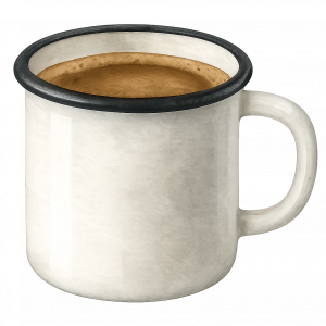 Weiße Emaille-Tasse mit dunklem Rand – Aquarell-Zeichnung im Retro-Stil.